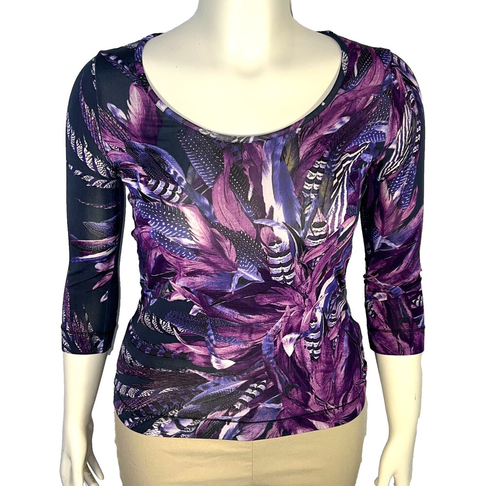 Just Cavalli Top Blouse Womens L Purple Feather Stretch V-Neck 3/4 Sleeve